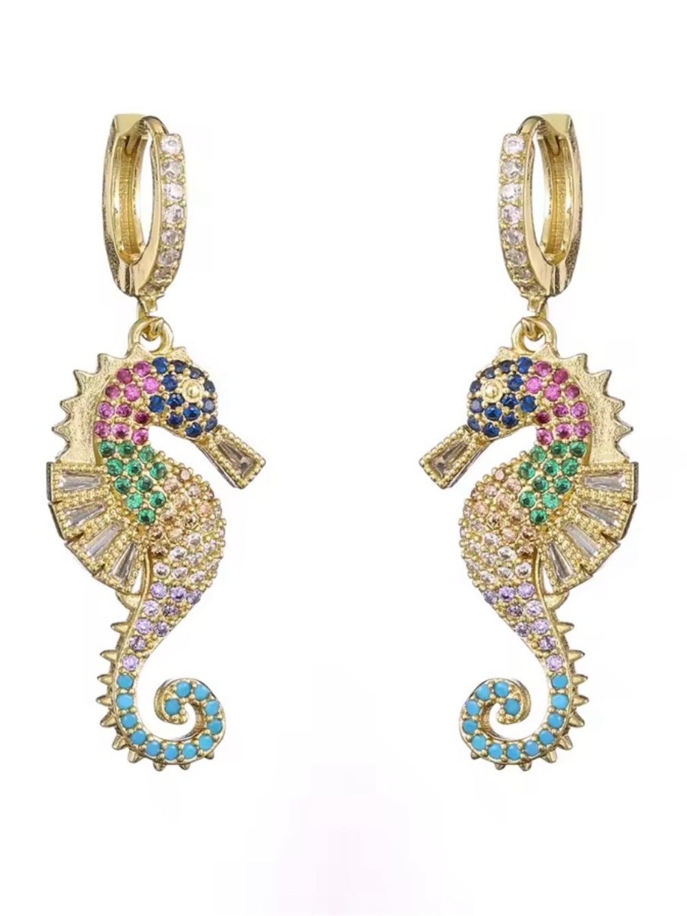 14k Multigem Seahorse Drop Hoop Earrings